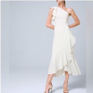 Nwt White House black market one shoulder ruffles midi ecru white gown dress